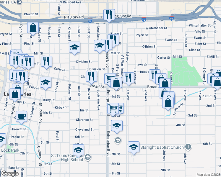 map of restaurants, bars, coffee shops, grocery stores, and more near 801 Enterprise Boulevard in Lake Charles