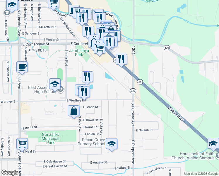 map of restaurants, bars, coffee shops, grocery stores, and more near 721 South Audubon Place Avenue in Gonzales