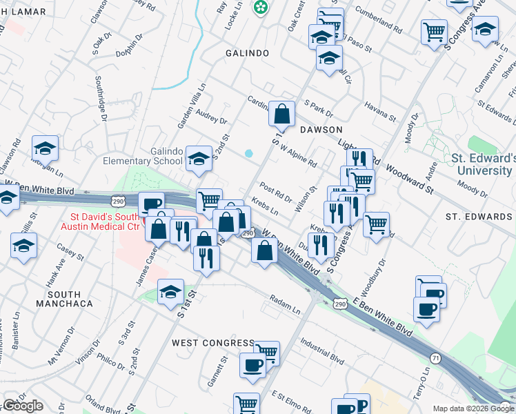 map of restaurants, bars, coffee shops, grocery stores, and more near in Austin