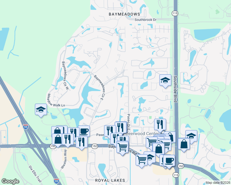 map of restaurants, bars, coffee shops, grocery stores, and more near 9587 Mira Loma Drive in Jacksonville