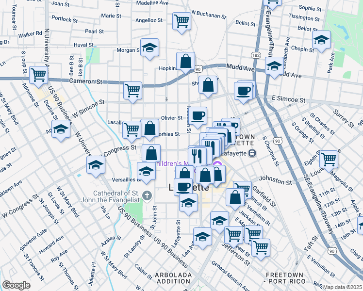 map of restaurants, bars, coffee shops, grocery stores, and more near 417 Voorhies Street in Lafayette
