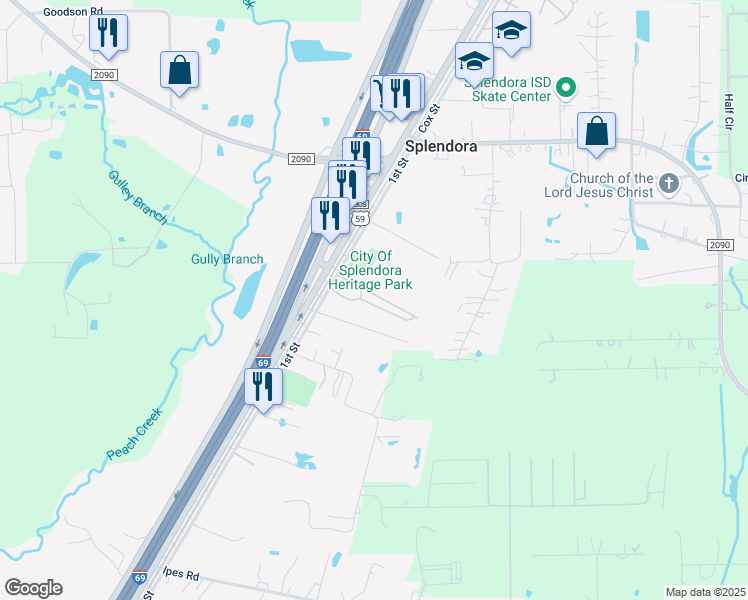 map of restaurants, bars, coffee shops, grocery stores, and more near 14917 1st Street in Splendora