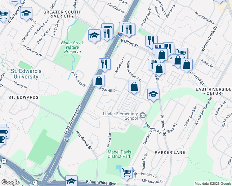 map of restaurants, bars, coffee shops, grocery stores, and more near 2706 Little Valley Cove in Austin