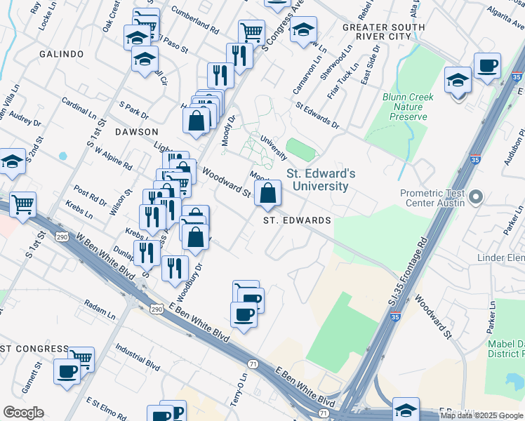 map of restaurants, bars, coffee shops, grocery stores, and more near 311 Woodward Street in Austin