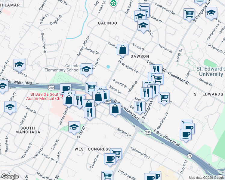 map of restaurants, bars, coffee shops, grocery stores, and more near in Austin