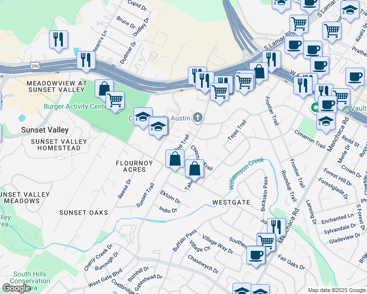 map of restaurants, bars, coffee shops, grocery stores, and more near 4810 West Wind Trail in Austin