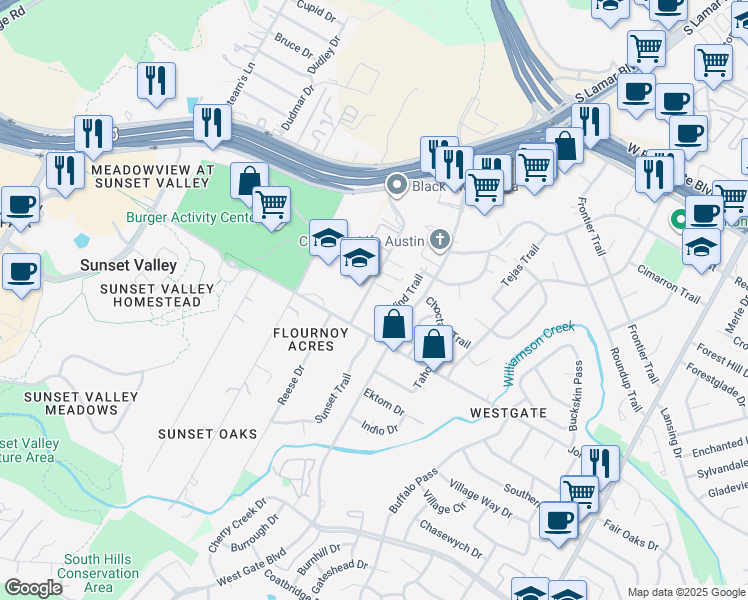 map of restaurants, bars, coffee shops, grocery stores, and more near 4917 Sunset Trail in Austin