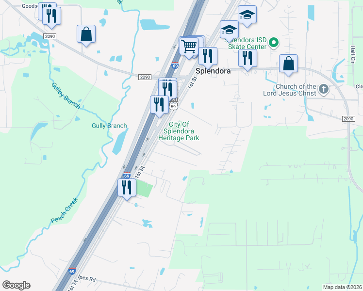 map of restaurants, bars, coffee shops, grocery stores, and more near 14917 1st Street in Splendora