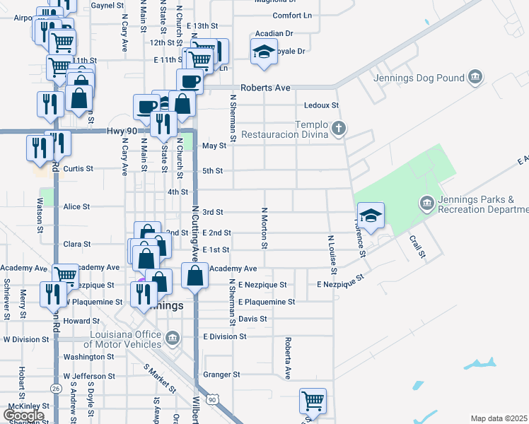 map of restaurants, bars, coffee shops, grocery stores, and more near North Morton Street in Jennings