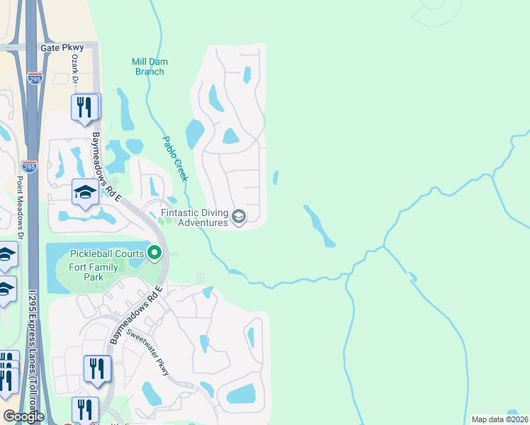 map of restaurants, bars, coffee shops, grocery stores, and more near 8035 Mount Ranier Drive in Jacksonville