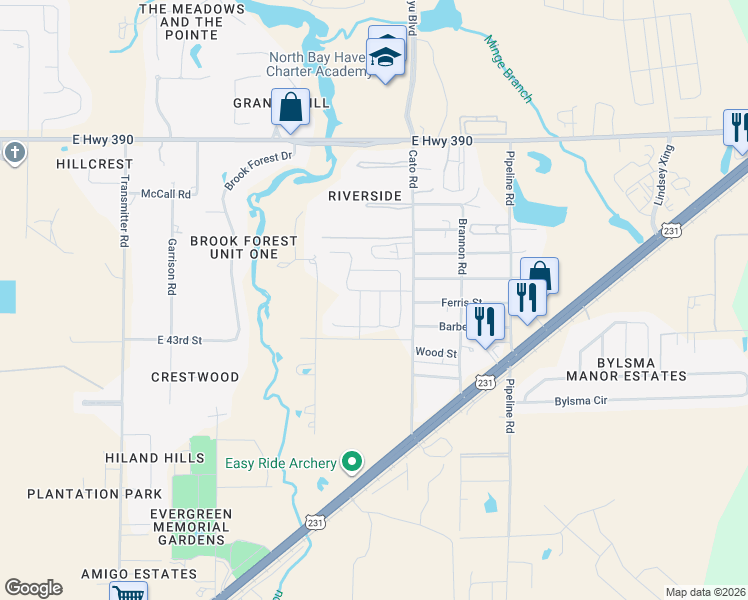 map of restaurants, bars, coffee shops, grocery stores, and more near 4443 Cato Road in Panama City