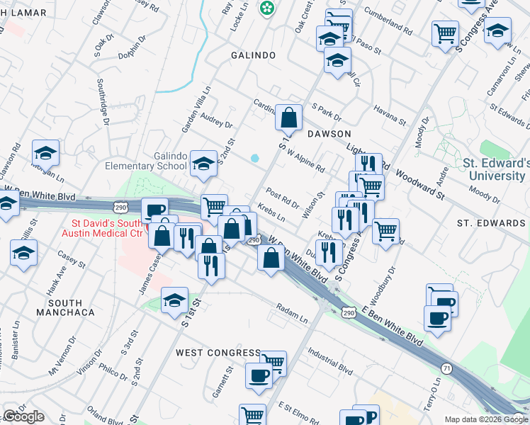 map of restaurants, bars, coffee shops, grocery stores, and more near 507 Krebs Lane in Austin
