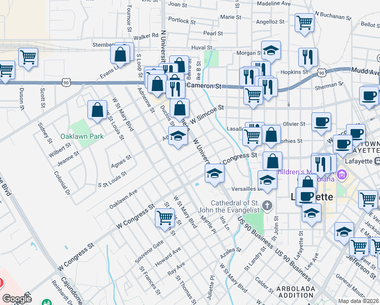 map of restaurants, bars, coffee shops, grocery stores, and more near 1610 West University Avenue in Lafayette