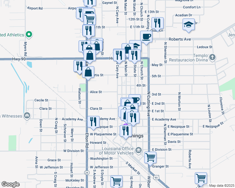 map of restaurants, bars, coffee shops, grocery stores, and more near 802 North Cary Avenue in Jennings
