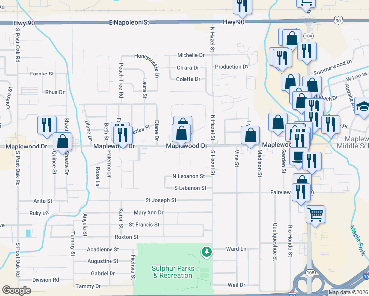 map of restaurants, bars, coffee shops, grocery stores, and more near 3516 Maplewood Drive in Sulphur