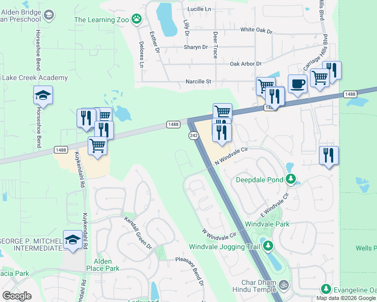 map of restaurants, bars, coffee shops, grocery stores, and more near 9420 College Park Drive in Conroe