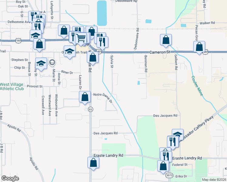 map of restaurants, bars, coffee shops, grocery stores, and more near 105 Leahy Drive in Lafayette