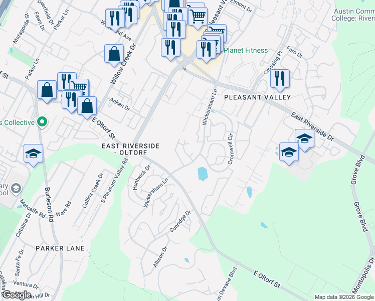 map of restaurants, bars, coffee shops, grocery stores, and more near Unnamed Road in Austin