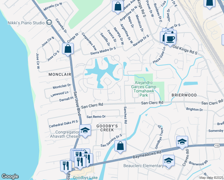 map of restaurants, bars, coffee shops, grocery stores, and more near 8404 Mizner Circle South in Jacksonville