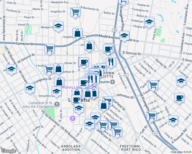map of restaurants, bars, coffee shops, grocery stores, and more near 326 South Buchanan Street in Lafayette