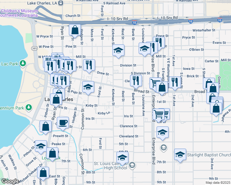 map of restaurants, bars, coffee shops, grocery stores, and more near 812 Kirkman Street in Lake Charles