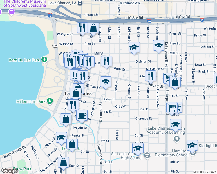 map of restaurants, bars, coffee shops, grocery stores, and more near 819 Moss Street in Lake Charles