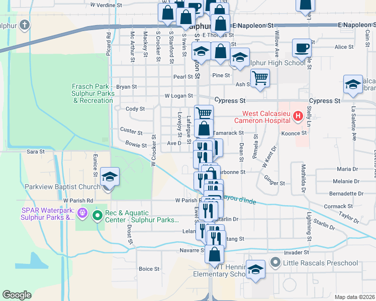 map of restaurants, bars, coffee shops, grocery stores, and more near 100-198 Ave D in Sulphur