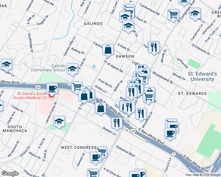 map of restaurants, bars, coffee shops, grocery stores, and more near 405 Cherry Hill Drive in Austin
