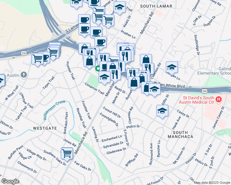 map of restaurants, bars, coffee shops, grocery stores, and more near in Austin