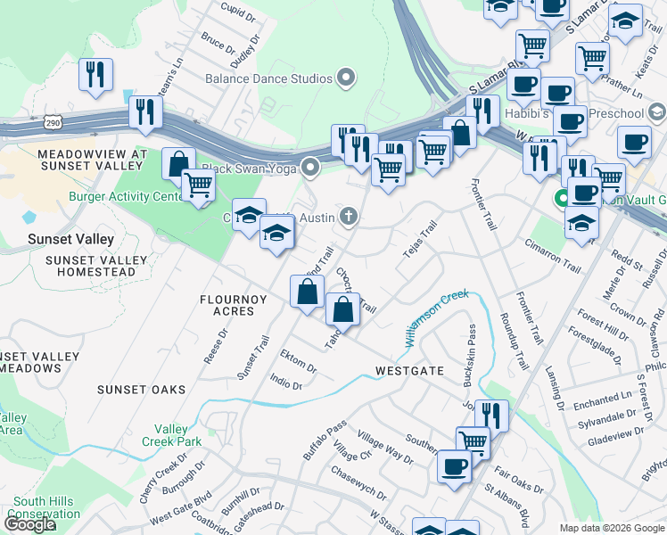 map of restaurants, bars, coffee shops, grocery stores, and more near 4810 West Wind Trail in Austin