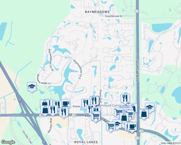 map of restaurants, bars, coffee shops, grocery stores, and more near 9587 Mira Loma Drive in Jacksonville