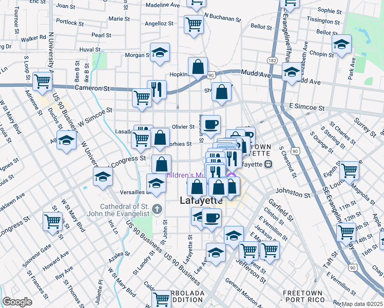 map of restaurants, bars, coffee shops, grocery stores, and more near 619 Lafayette Street in Lafayette