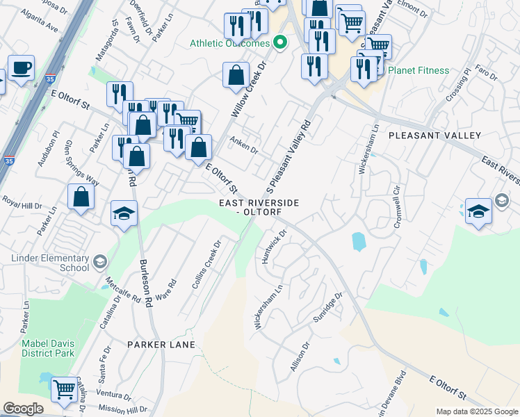 map of restaurants, bars, coffee shops, grocery stores, and more near E Oltorf St & S Pleasant Valley Rd in Austin