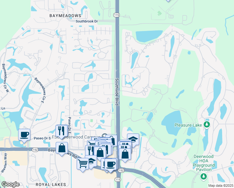 map of restaurants, bars, coffee shops, grocery stores, and more near 7934 Southside Boulevard in Jacksonville