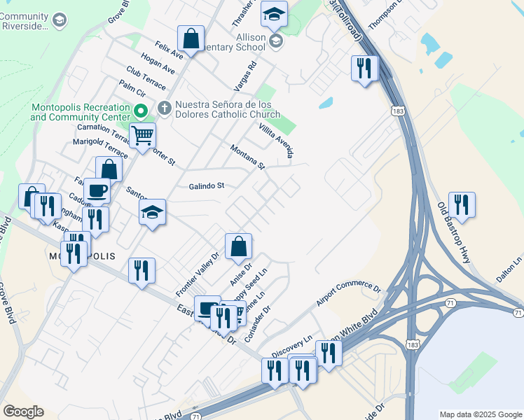 map of restaurants, bars, coffee shops, grocery stores, and more near 1208 Frontier Valley Drive in Austin