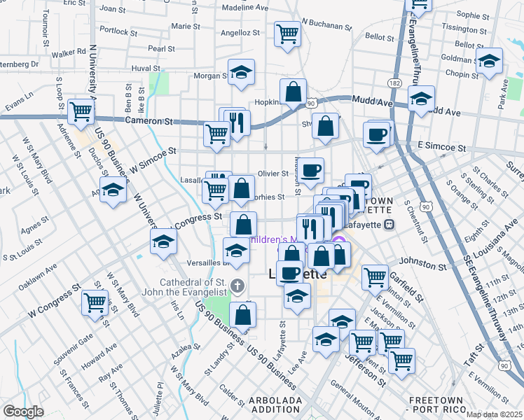 map of restaurants, bars, coffee shops, grocery stores, and more near 600-698 S Washington St in Lafayette