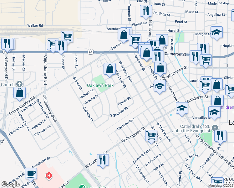 map of restaurants, bars, coffee shops, grocery stores, and more near 124 Louise Drive in Lafayette