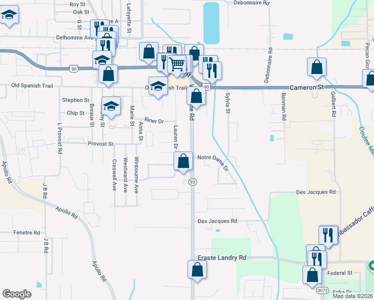 map of restaurants, bars, coffee shops, grocery stores, and more near 105 Lauren Drive in Scott