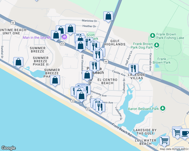 map of restaurants, bars, coffee shops, grocery stores, and more near 209 Florida 79 in Panama City Beach