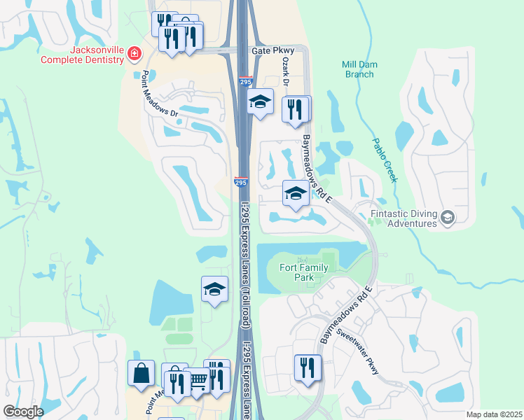 map of restaurants, bars, coffee shops, grocery stores, and more near 7990 Baymeadows Road East in Jacksonville