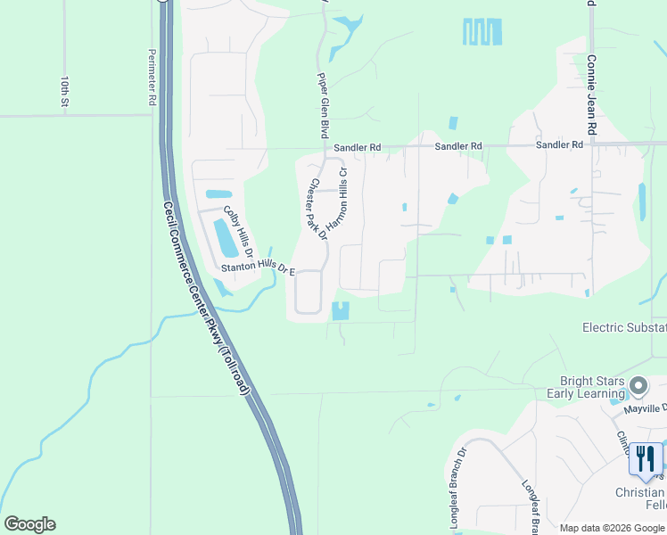 map of restaurants, bars, coffee shops, grocery stores, and more near 10598 Collins Field Circle in Jacksonville