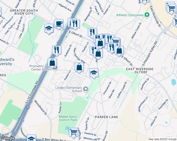 map of restaurants, bars, coffee shops, grocery stores, and more near 2000 Iroquois Lane in Austin