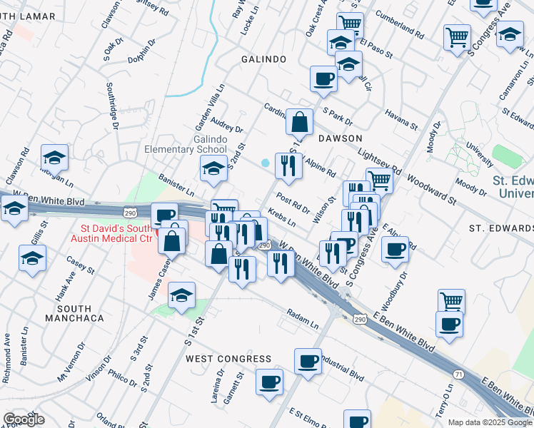 map of restaurants, bars, coffee shops, grocery stores, and more near in Austin