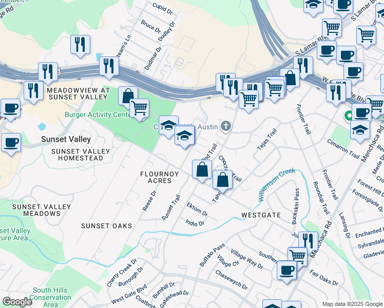 map of restaurants, bars, coffee shops, grocery stores, and more near 4917 Sunset Trail in Austin