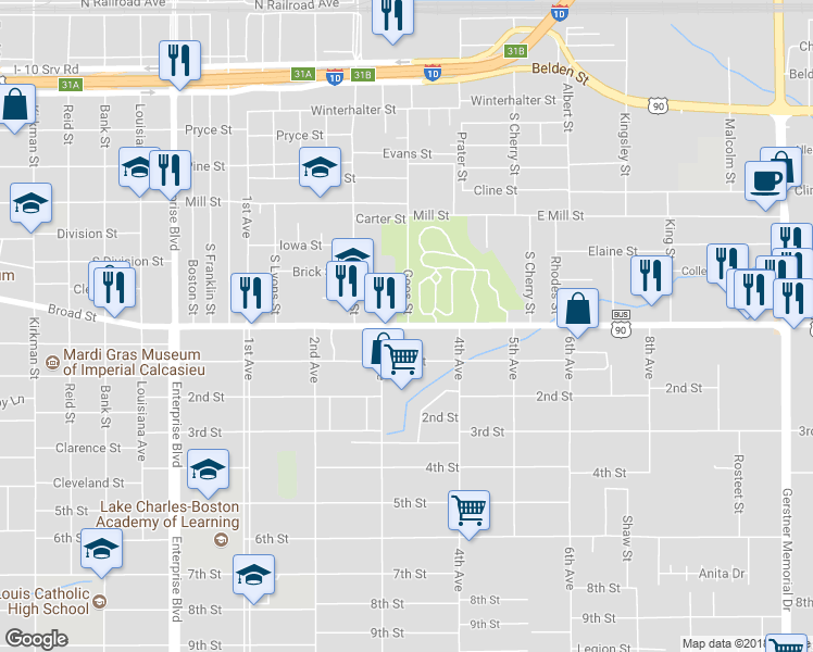map of restaurants, bars, coffee shops, grocery stores, and more near 1812 Broad Street in Lake Charles