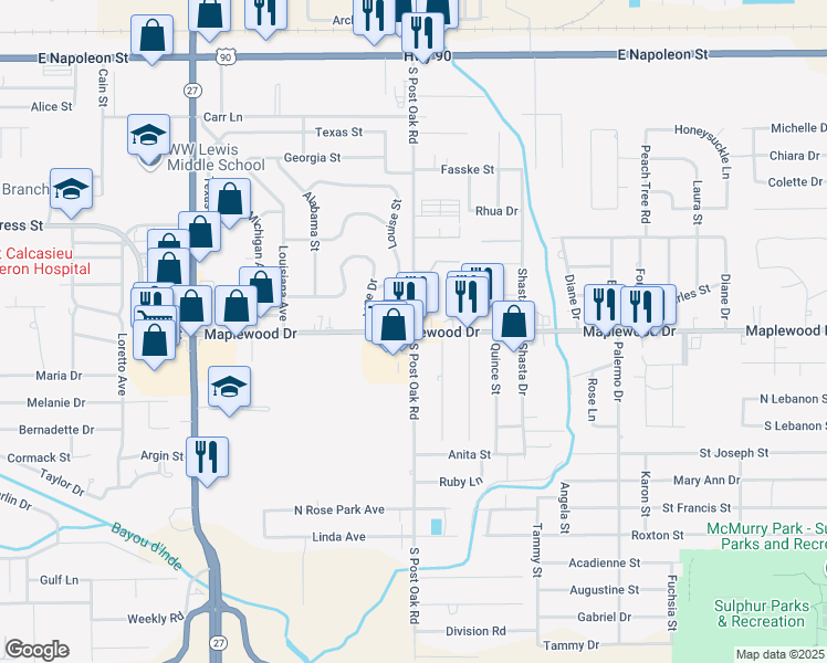 map of restaurants, bars, coffee shops, grocery stores, and more near 1999 Maplewood Drive in Sulphur