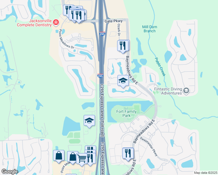 map of restaurants, bars, coffee shops, grocery stores, and more near 7990 Baymeadows Road East in Jacksonville
