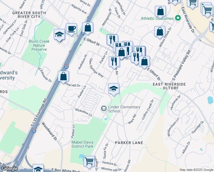 map of restaurants, bars, coffee shops, grocery stores, and more near 2000 Iroquois Lane in Austin