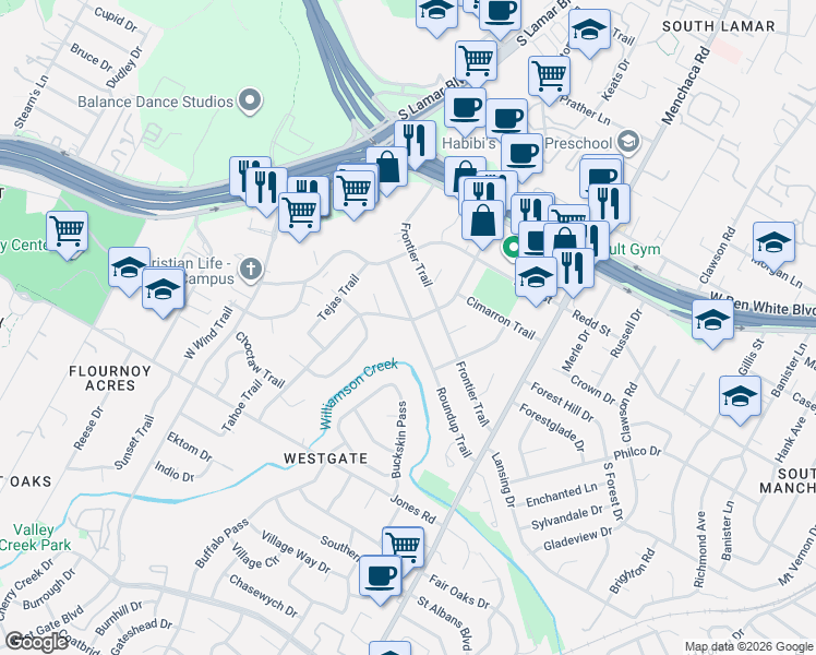 map of restaurants, bars, coffee shops, grocery stores, and more near 4602 Roundup Trail in Austin