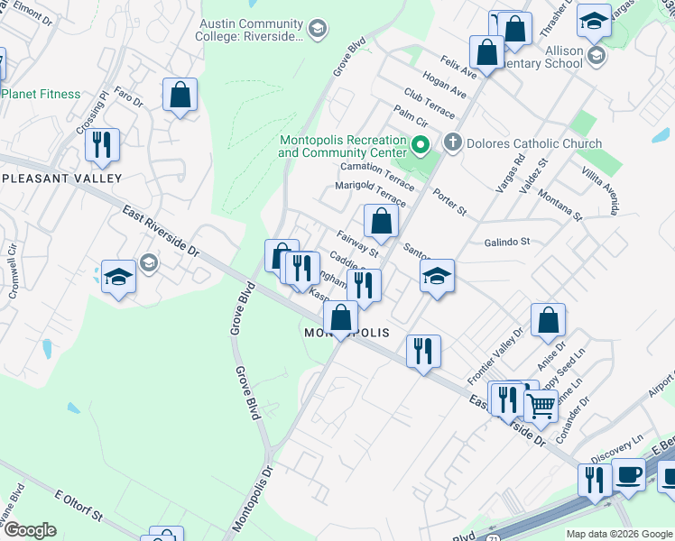 map of restaurants, bars, coffee shops, grocery stores, and more near 1706 Brassie Street in Austin